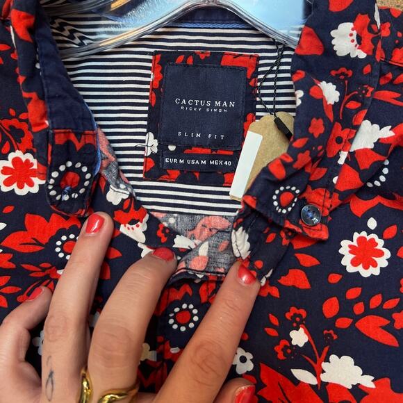 Cactus Man Ricky Singh Navy Red Floral Slim Fit Button-Down Shirt M - Picture 4 of 4